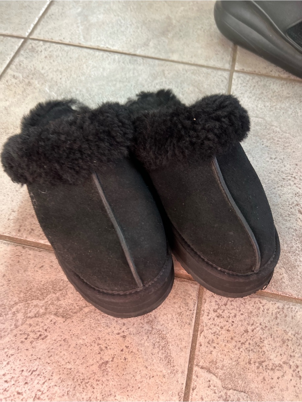 UGG Black Suede Shearling Clog Slippers